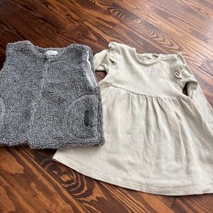 Cozmo Cream ruffle Dress with Gray faux fur Vest